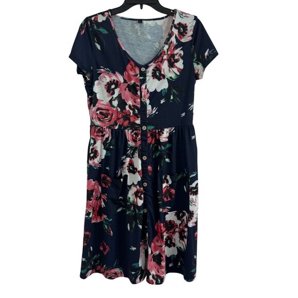 Women's Floral Navy Short-Sleeve V-Neck Pullover Midi Dress Size L - Picture 1 of 9